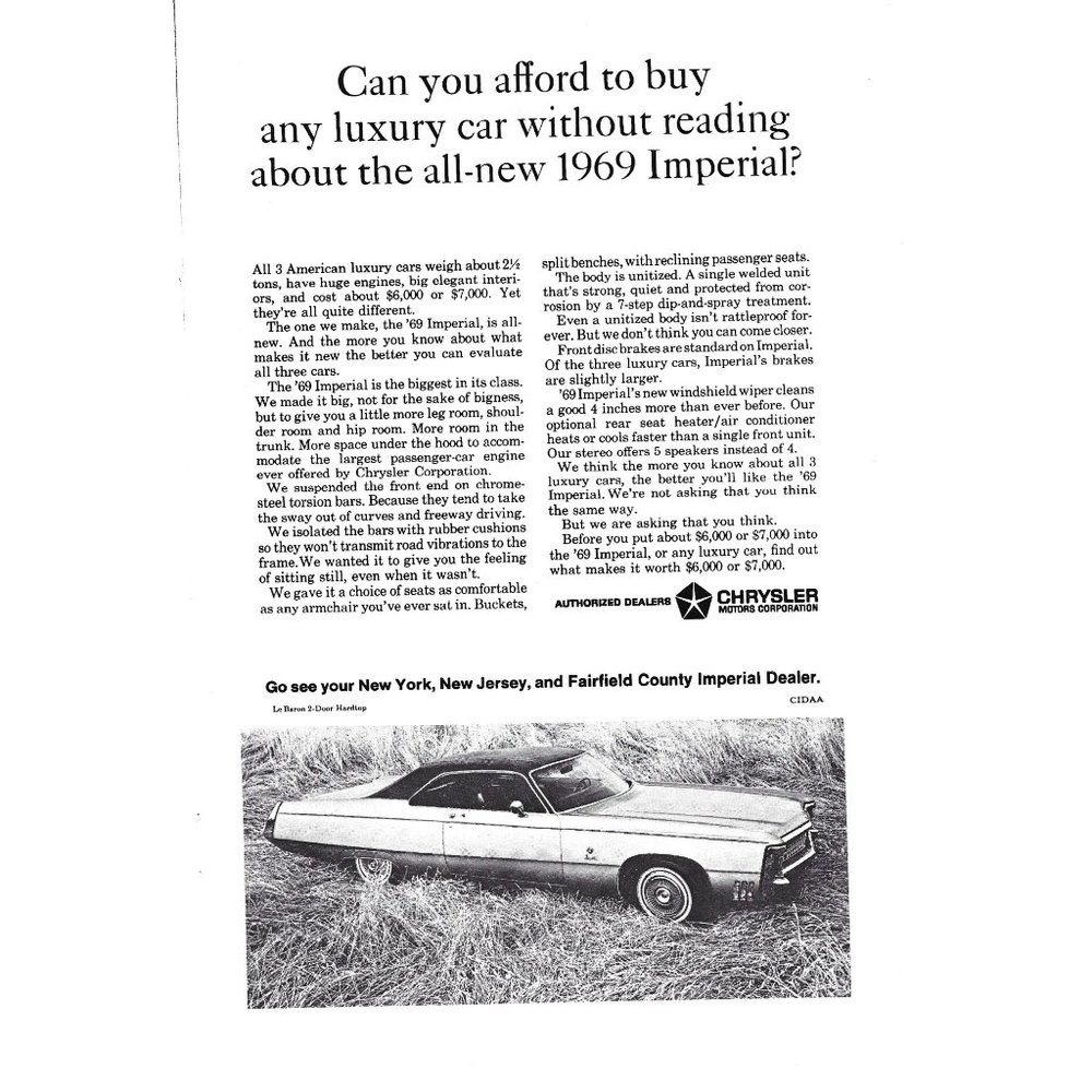1969 Chrysler imperial Car 1960s Vintage Print Ad 9 inch W